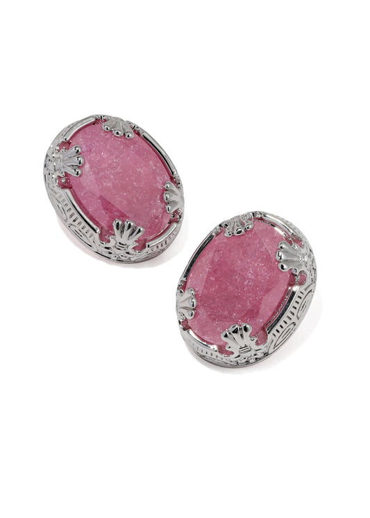 Oval Pink Crack Stone Studs Earrings