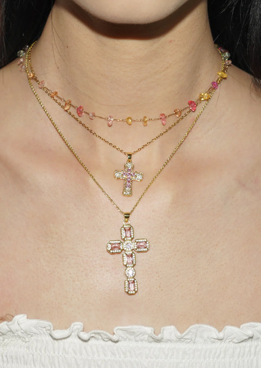Cross Stone Diamond Necklace Pink