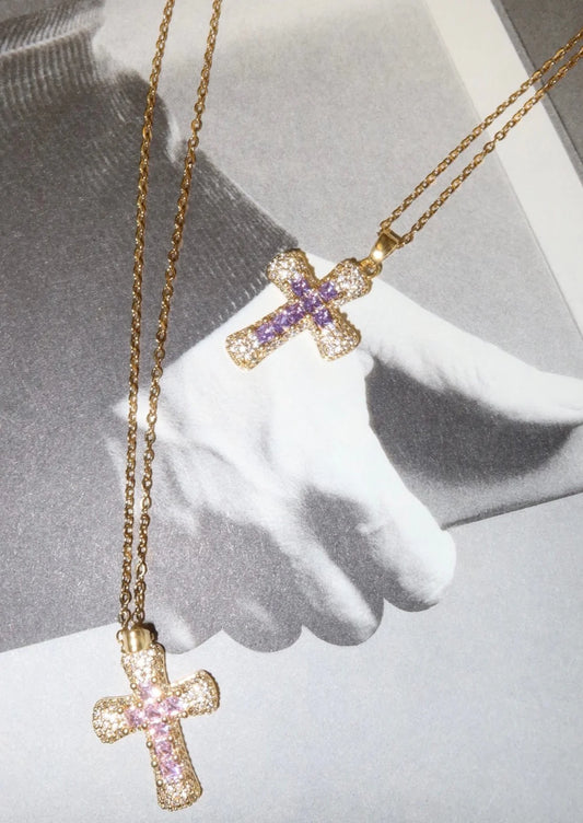 Cross Stone Diamond Necklace Purple