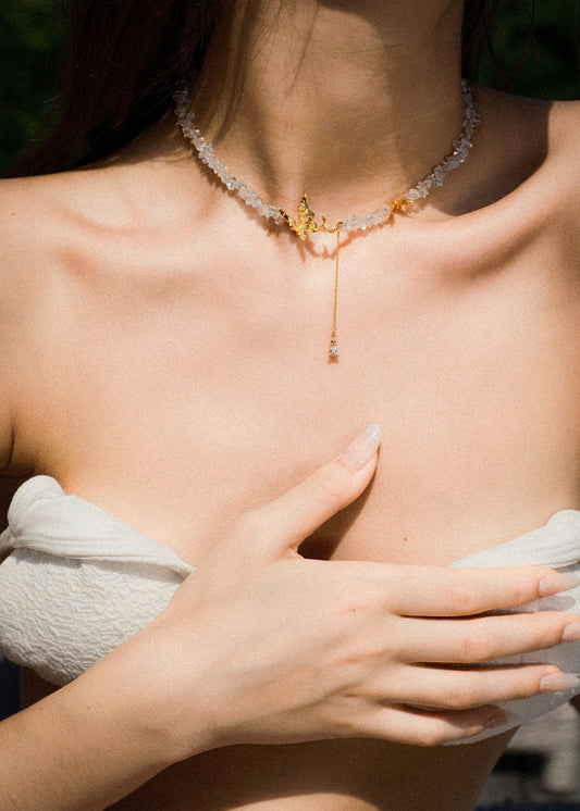 Butterfly Teardrop Zircon Pendant with Crystal Stone Necklace Gold