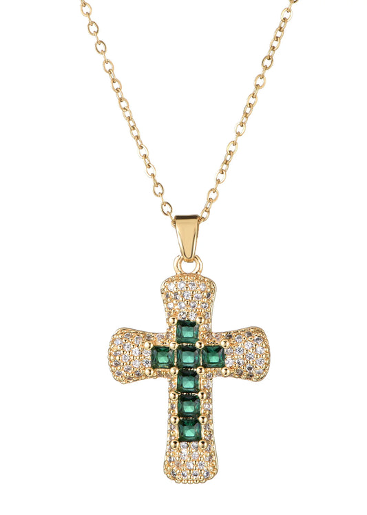 Cross Stone Diamond Necklace Green