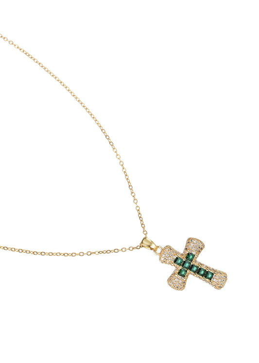Cross Stone Diamond Necklace Green