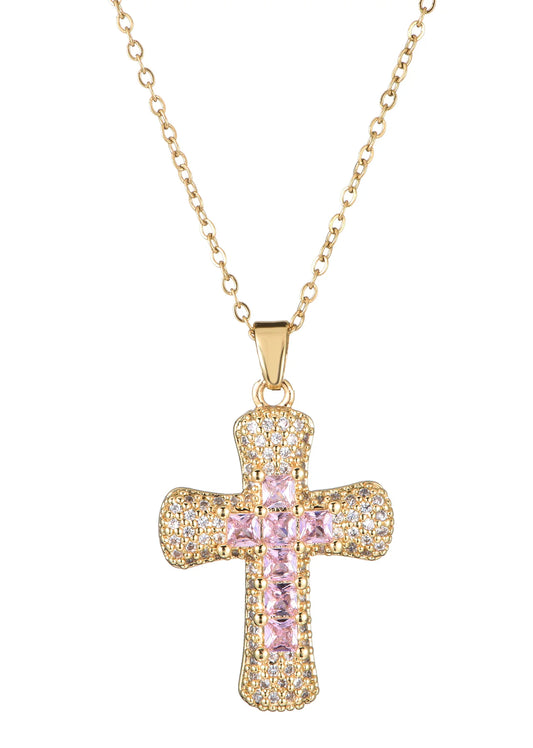 Cross Stone Diamond Necklace Pink