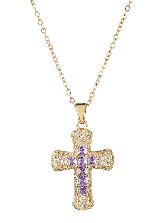 Cross Stone Diamond Necklace Purple