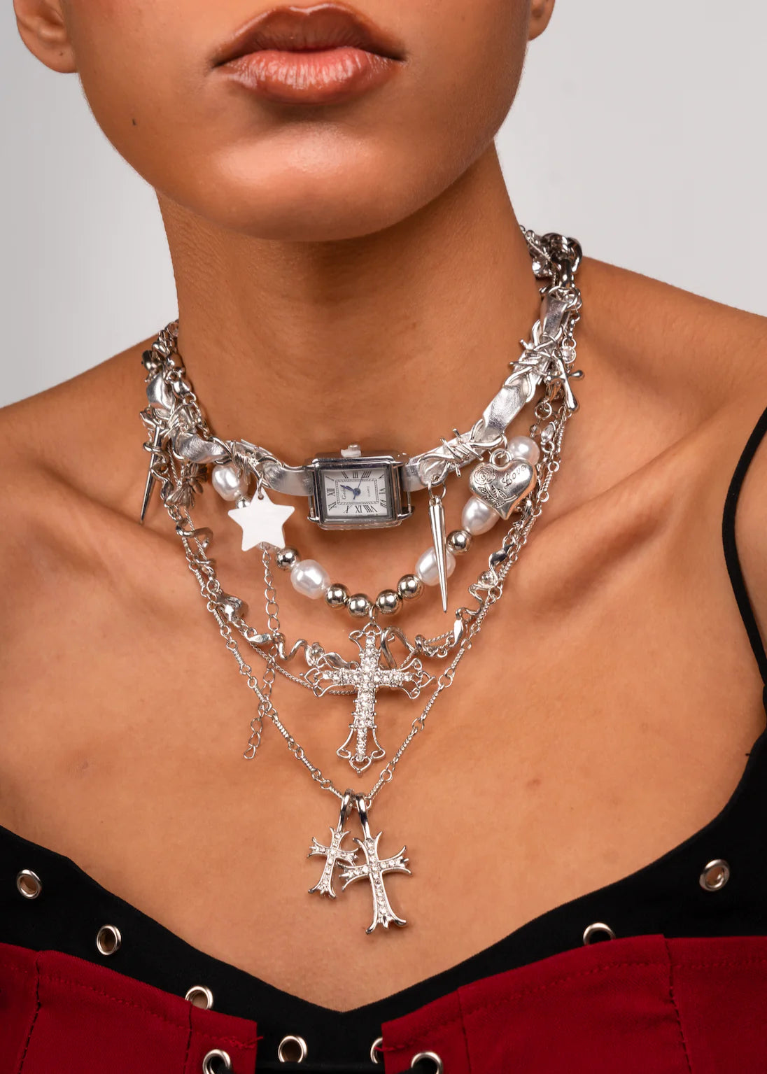 Midnight O'Clock Y2k Silver Choker Necklace