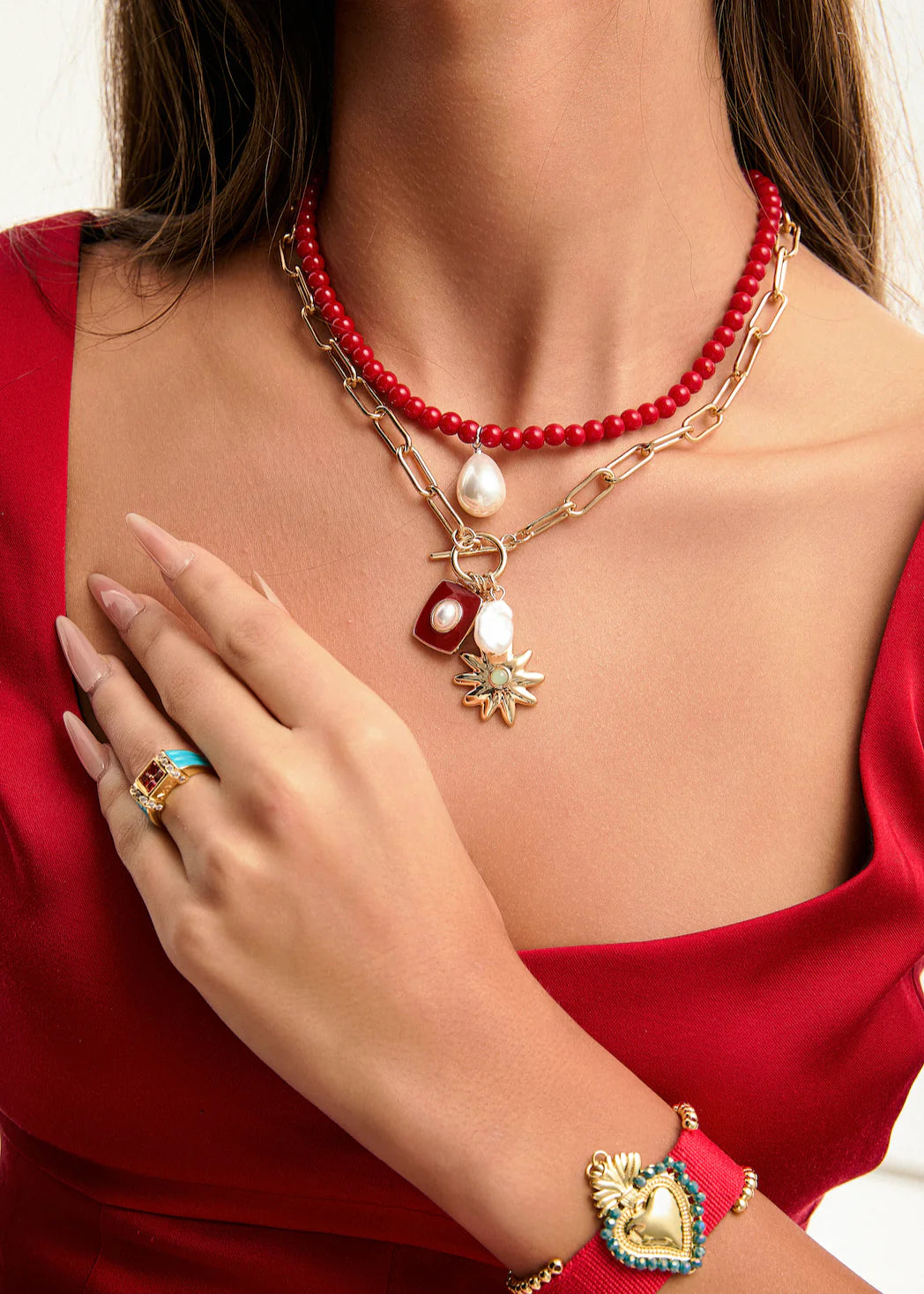 Sun Pearl Red Golden Necklace