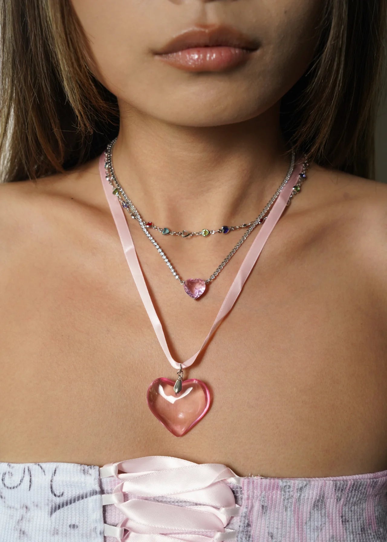 Pink Velvet Bowknot Heart Necklace