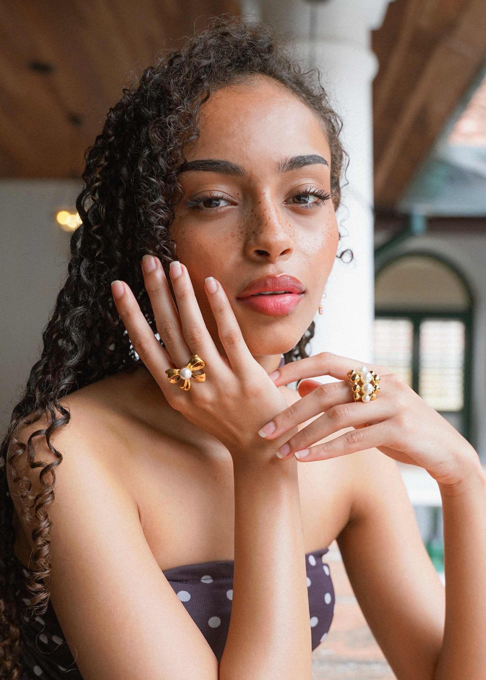 Golden Pearl Bow Ring