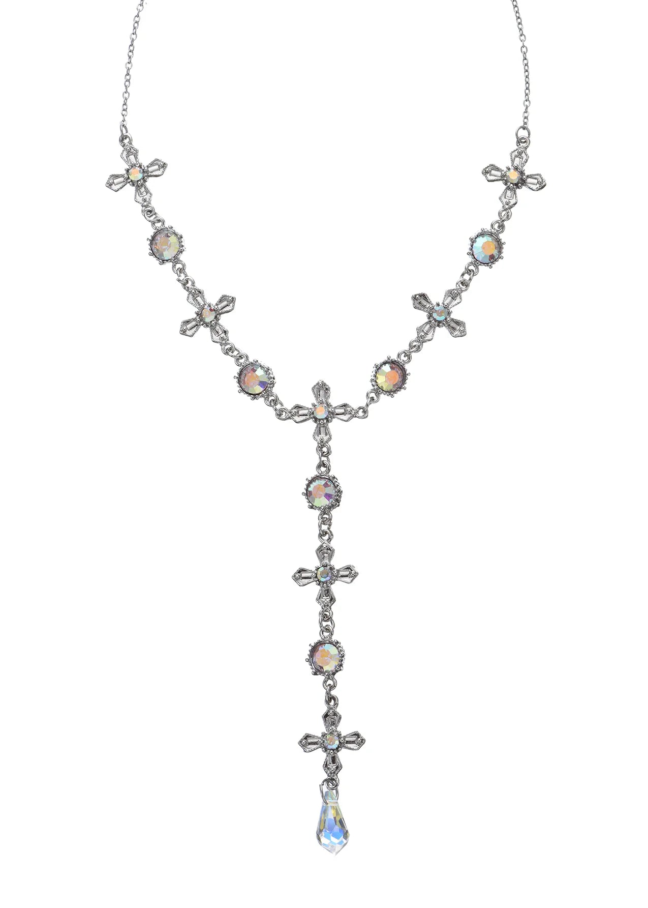 Meer Glittering Cross Silver Lariat Necklace