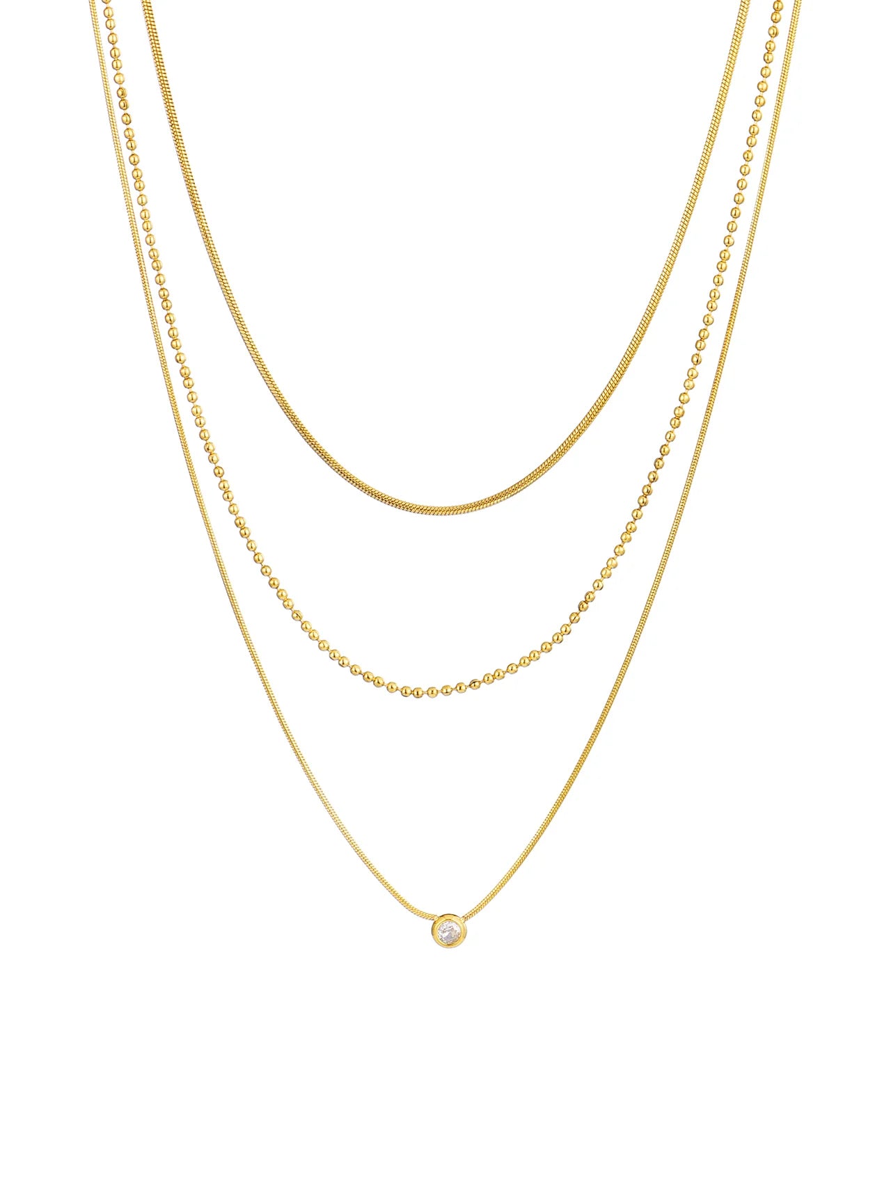 Diamond Trio-Layer Golden Chain Necklace