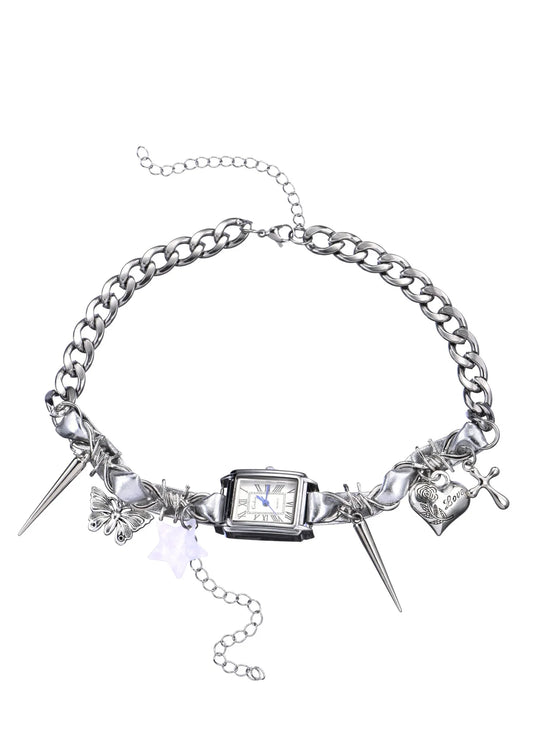 Midnight O'Clock Y2k Silver Choker Necklace