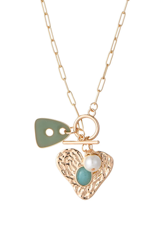 Heart Pearl Blue Golden Necklace